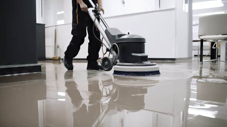 Worker Washing Office Floor with Cleaning Machine AI Generated
